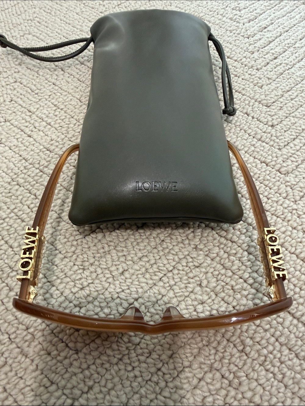 Loewe Brown Sunglasses with Gold Logo and Green Leather Pouch